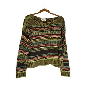 Flax Cotton Long Sleeve Wide Neck Boxy Cropped Striped Patterned Sweater Shirt